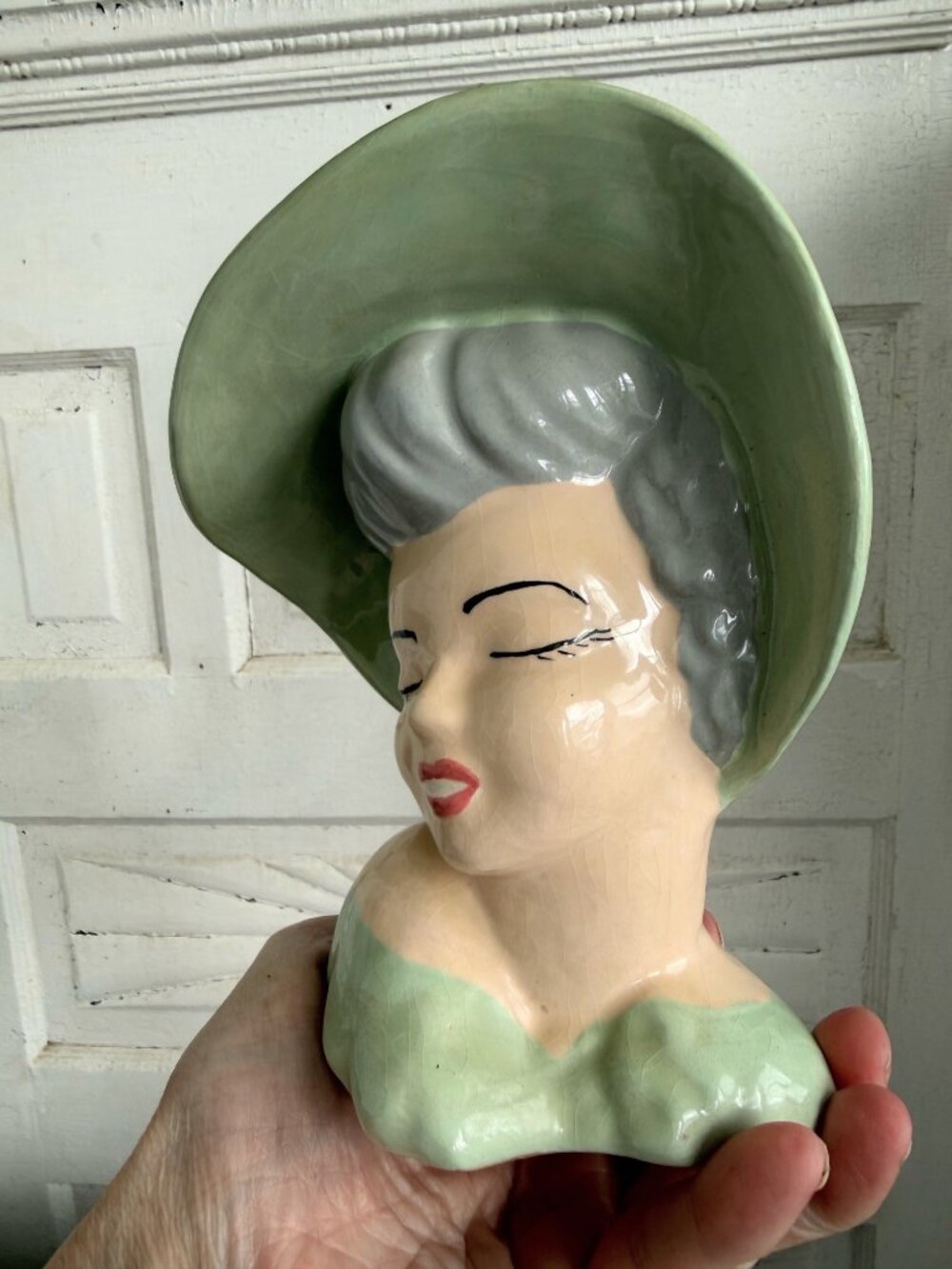 Vintage 1950s Glamour Girl Vase Head Planter Green Hat Retro MOD - Picture 12 of 13